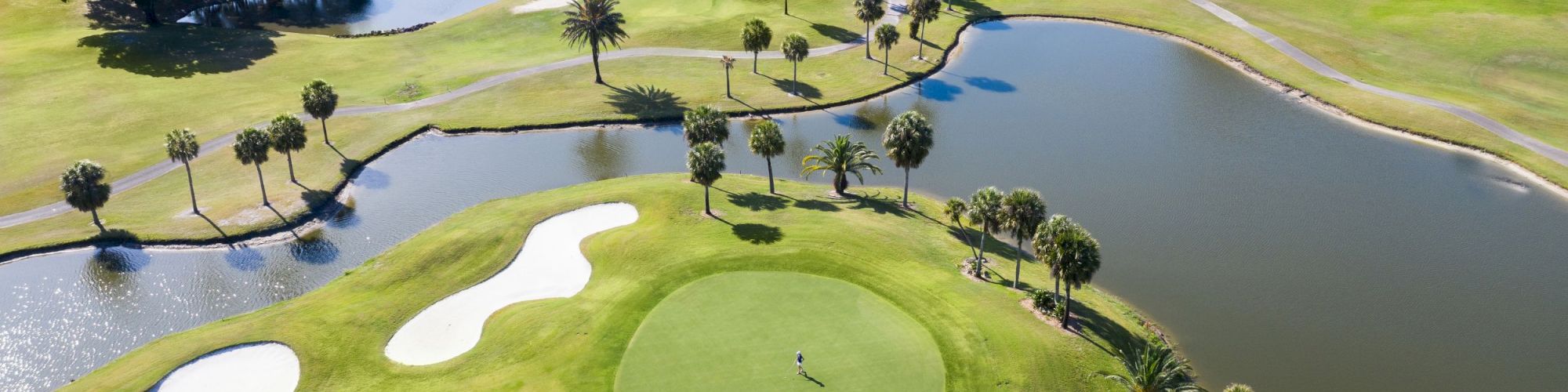 An aerial view of a golf course featuring a green, sand traps, water hazards, palm trees, and a golfer.