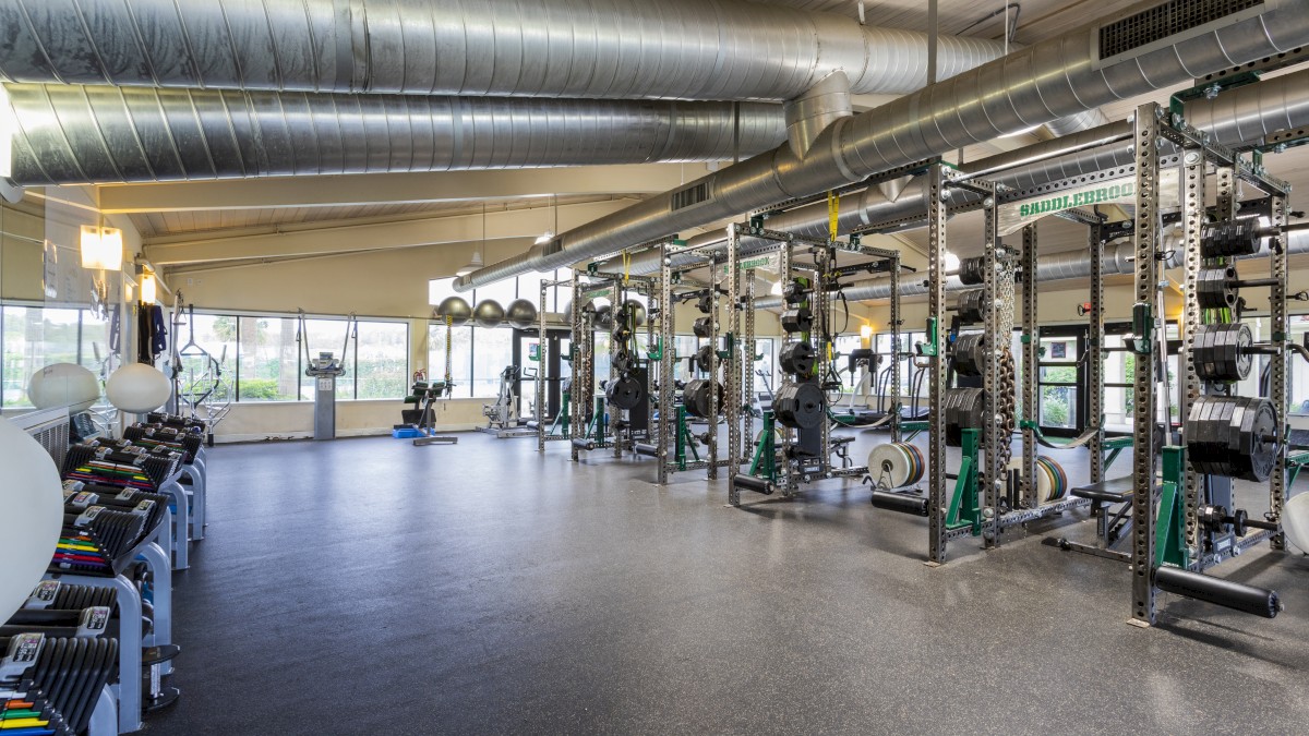 This image shows a spacious, modern gym with various fitness equipment, including weights and exercise machines, under industrial-style ducting.