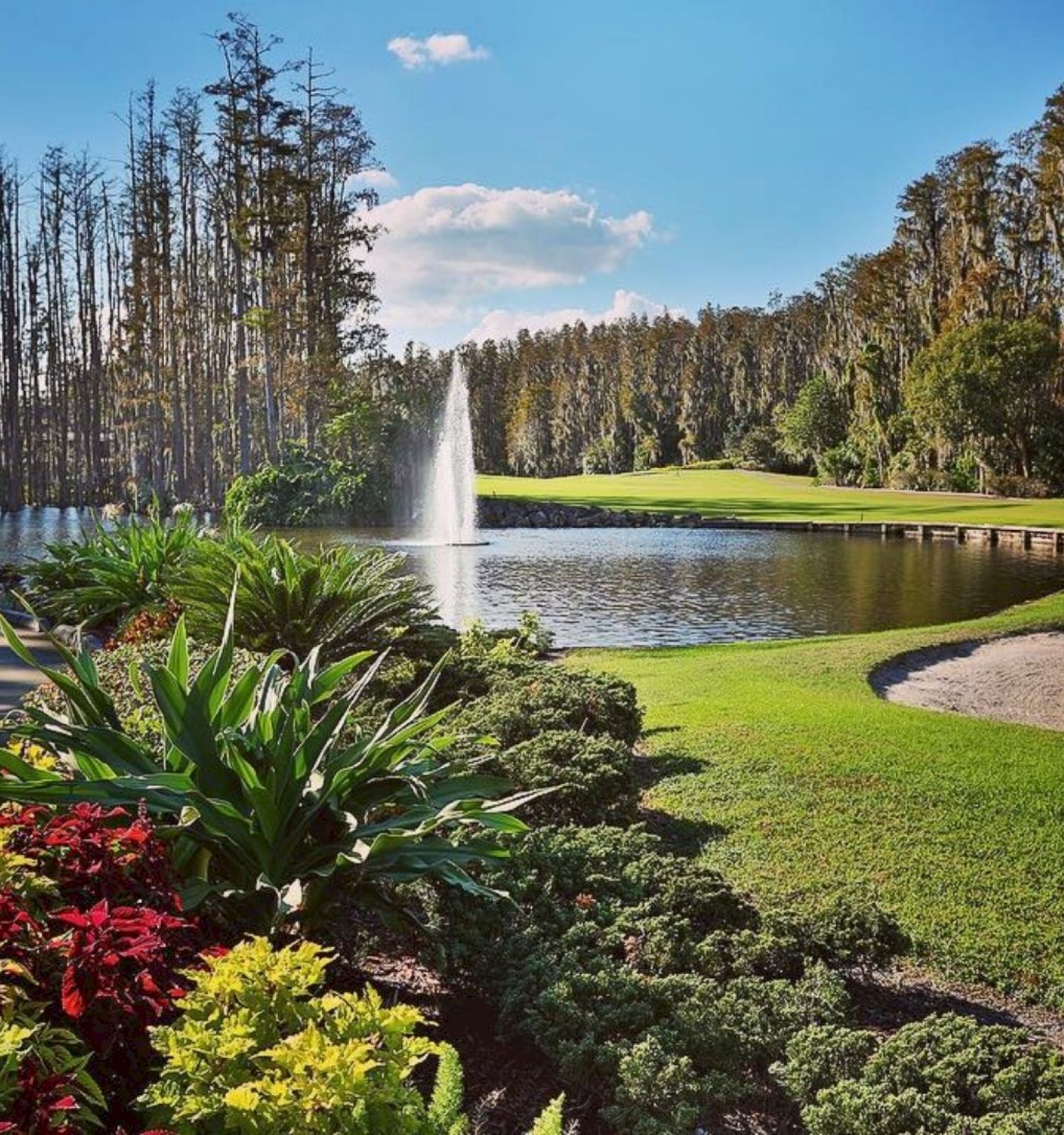 This image shows a landscaped garden with colorful flowers, a pond with a fountain, and a backdrop of trees under a blue sky with scattered clouds.