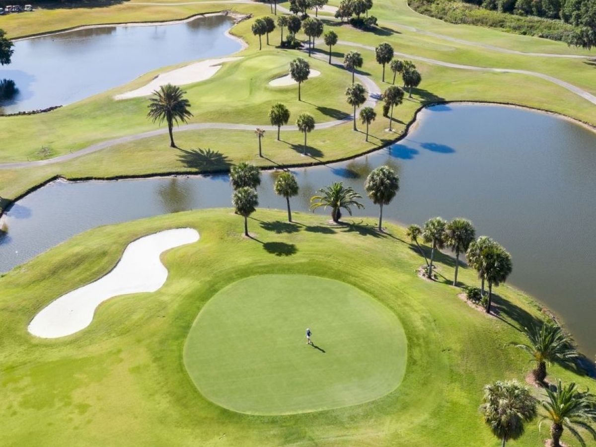 An aerial view of a golf course featuring sand traps, a putting green, water hazards, palm trees, and surrounding houses and trees in the background.