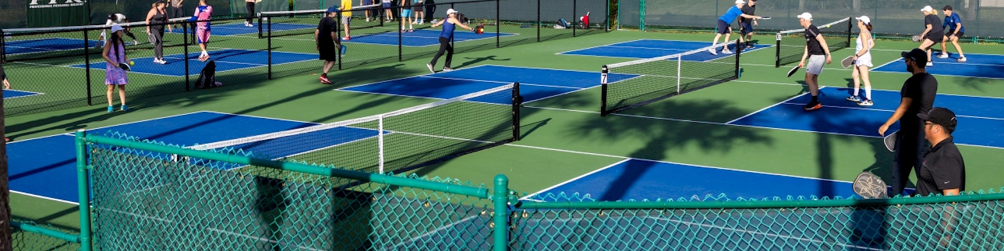 People are playing pickleball on several courts surrounded by fences.