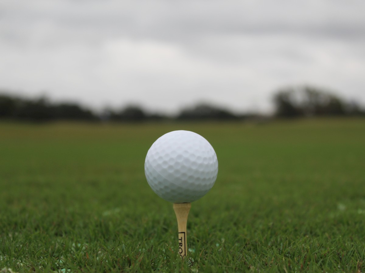 A golf ball is placed on a tee on a green field, under a cloudy sky, ready for a shot.