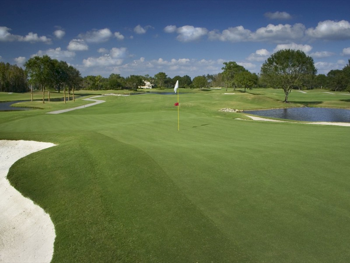 A sunny day on a well-maintained golf course featuring a green with a flag, bunkers, pathways, trees, and small ponds under a partly cloudy sky.