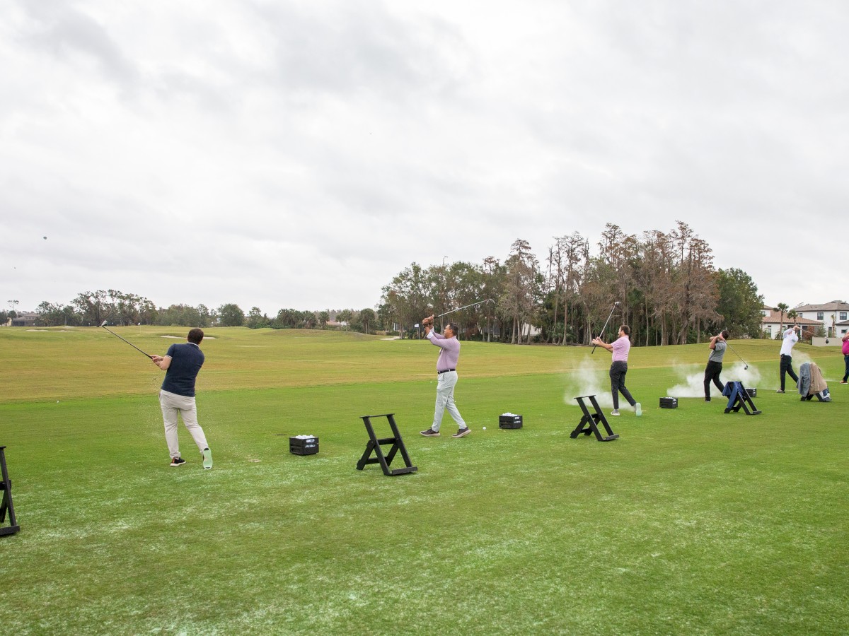 People practicing golf on a driving range with clubs and balls. Green grass, cloudy sky, and trees in the background.