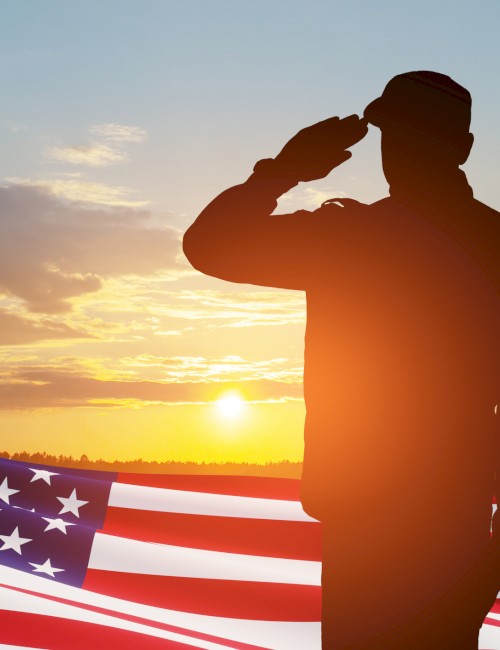 A silhouetted figure salutes against a sunset backdrop with an American flag in the foreground.