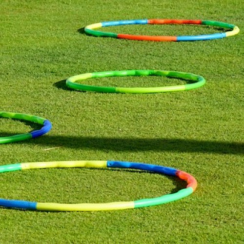 The image shows brightly colored hula hoops spread out on a grass field, creating a playful and vibrant scene perfect for outdoor activities.