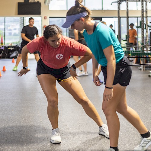 Two people are engaged in a fitness activity in a gym with others in the background, surrounded by gym equipment and training cones.