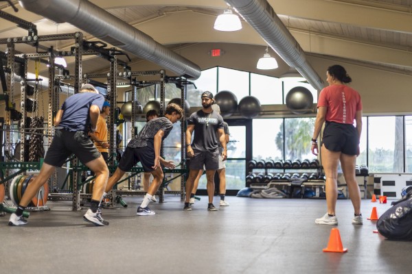 A group of people is engaged in an indoor gym training session, with cones and exercise equipment visible.