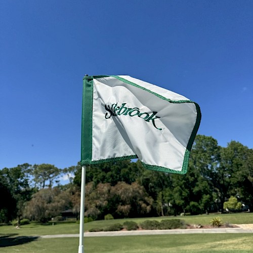 A golf course flag with 