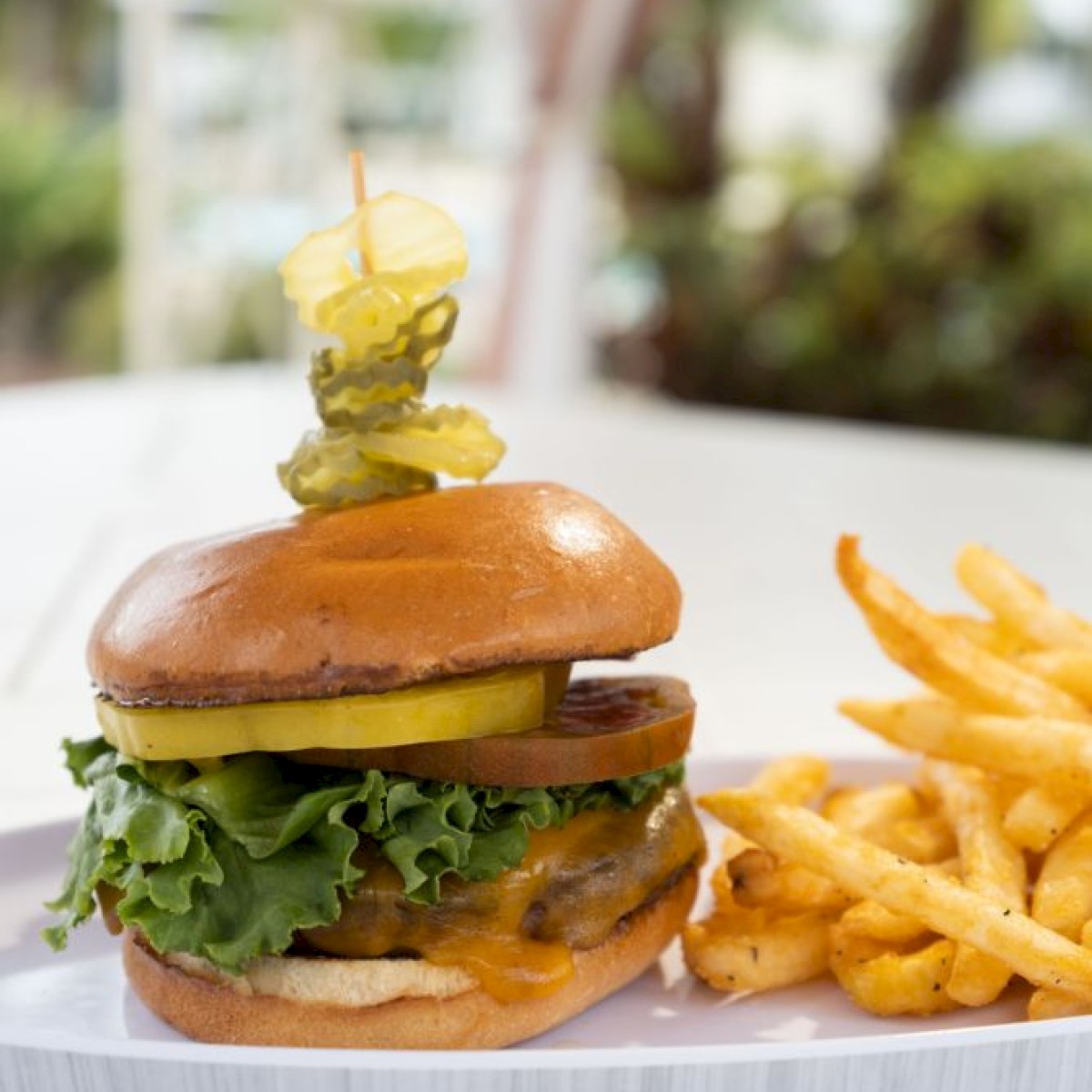 A burger topped with pickles and a side of fries is on a plate with a blurred outdoor background.