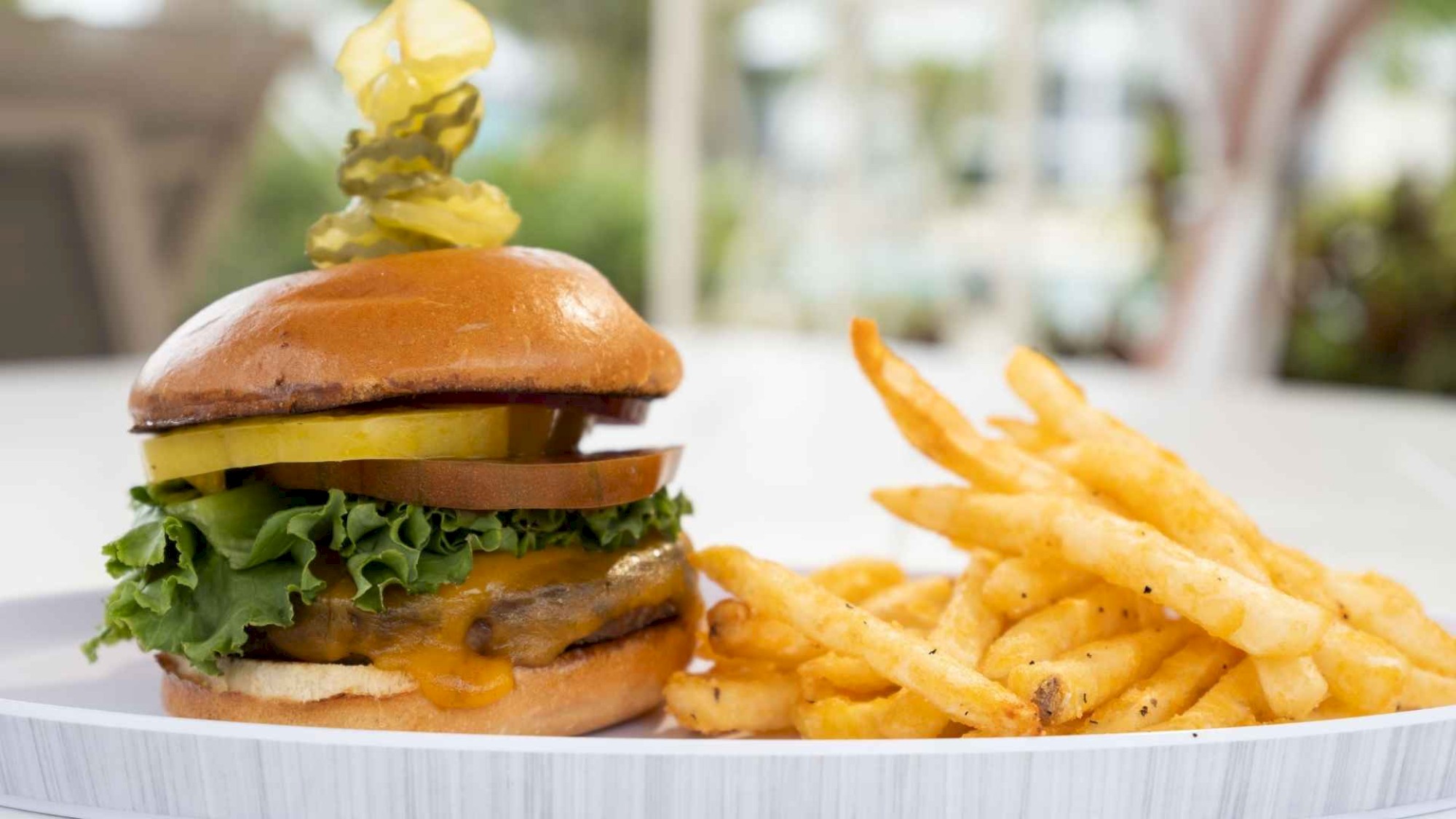 A burger with toppings and pickles on a bun, served with crispy French fries on a white plate.